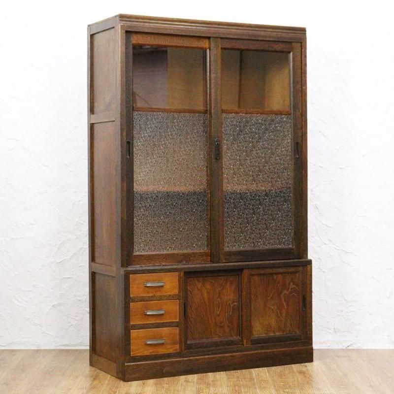 昭和レトロなアンティーク本箱｜ガラス扉と引出し5杯付きで収納力も