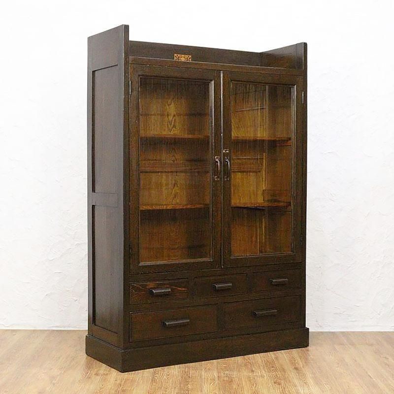 昭和レトロなアンティーク本箱｜ガラス扉と引出し5杯付きで収納力も