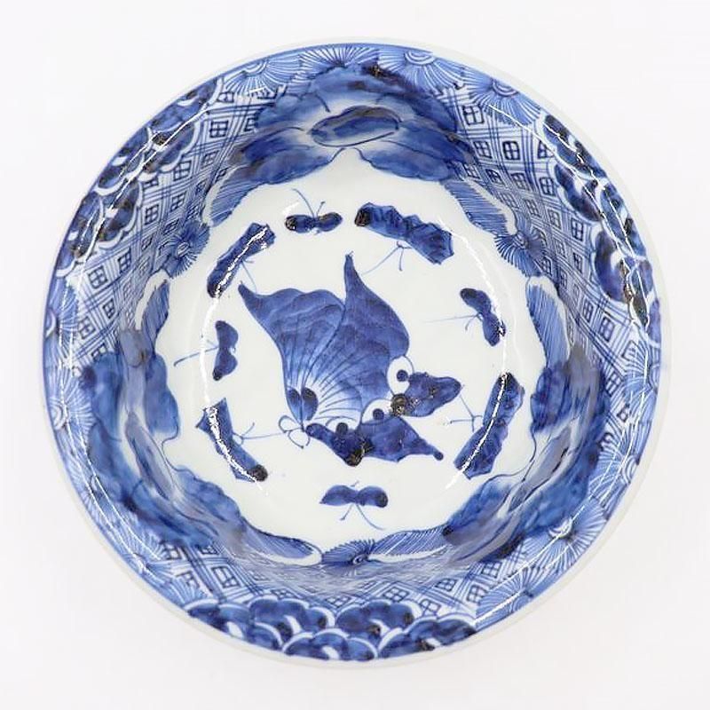 染付 大鉢 蝶柄 花｜直径22 高さ8.5｜希少価値の高い美しいデザイン