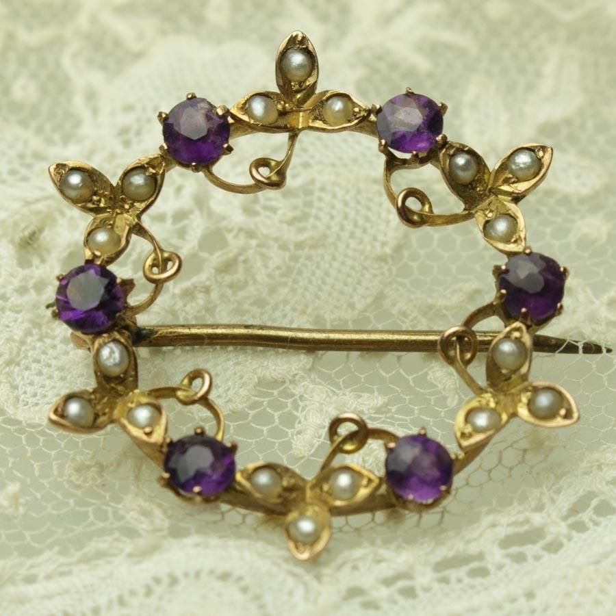 ビクトリアン 9金 アメジスト シード パール 花輪 ブローチ 1900年頃