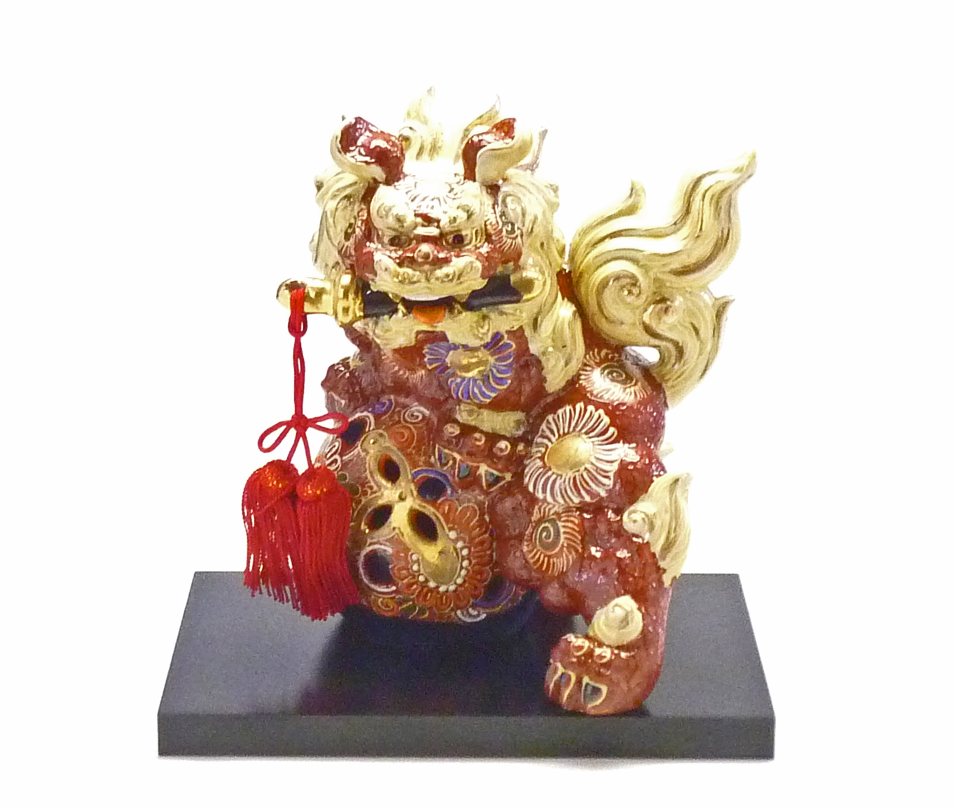 九谷焼 獅子 唐獅子 剣獅子 幸運 置物 デコ盛 茶 6号-百華園