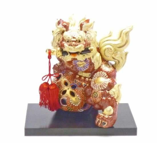 九谷焼 獅子 唐獅子 剣獅子 幸運 置物 デコ盛 茶 6号-百華園