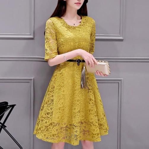 即納】大人上品な膝丈フレア総レースワンピース