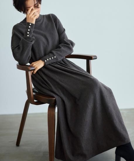 パール釦ハイネックドルマンロングニットワンピ「CKN1308」