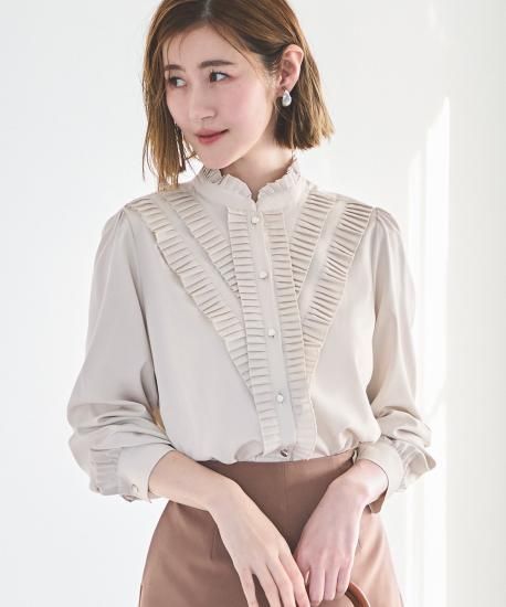 洗える/ストレッチ】プリーツスタンドカラーブラウス 「T1458」
