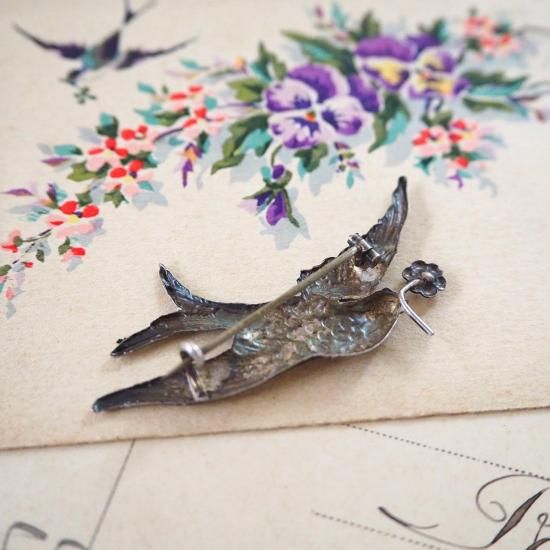 アンティーク ツバメのブローチ | フランス20世紀初頭 ツバメとお花の