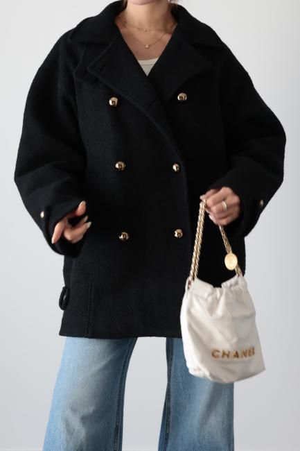 convertible collar double breasted wool midi coat / black - Madder