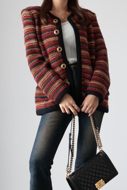 vintage】Yves Saint Laurent / gold retro button collarless knit