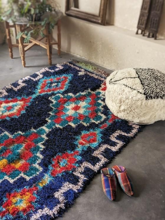 モロッコラグ「ボシャルウィット」ネイビーブルー,RBO49サステナブルな