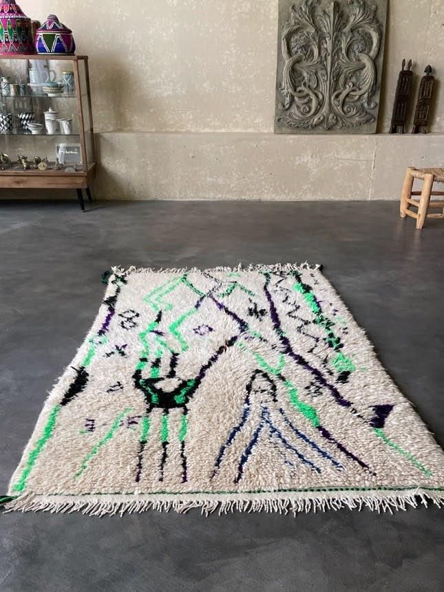 モロッコラグ「AZILALアジラル」RAZ017ホワイト、グリーン/Hibou