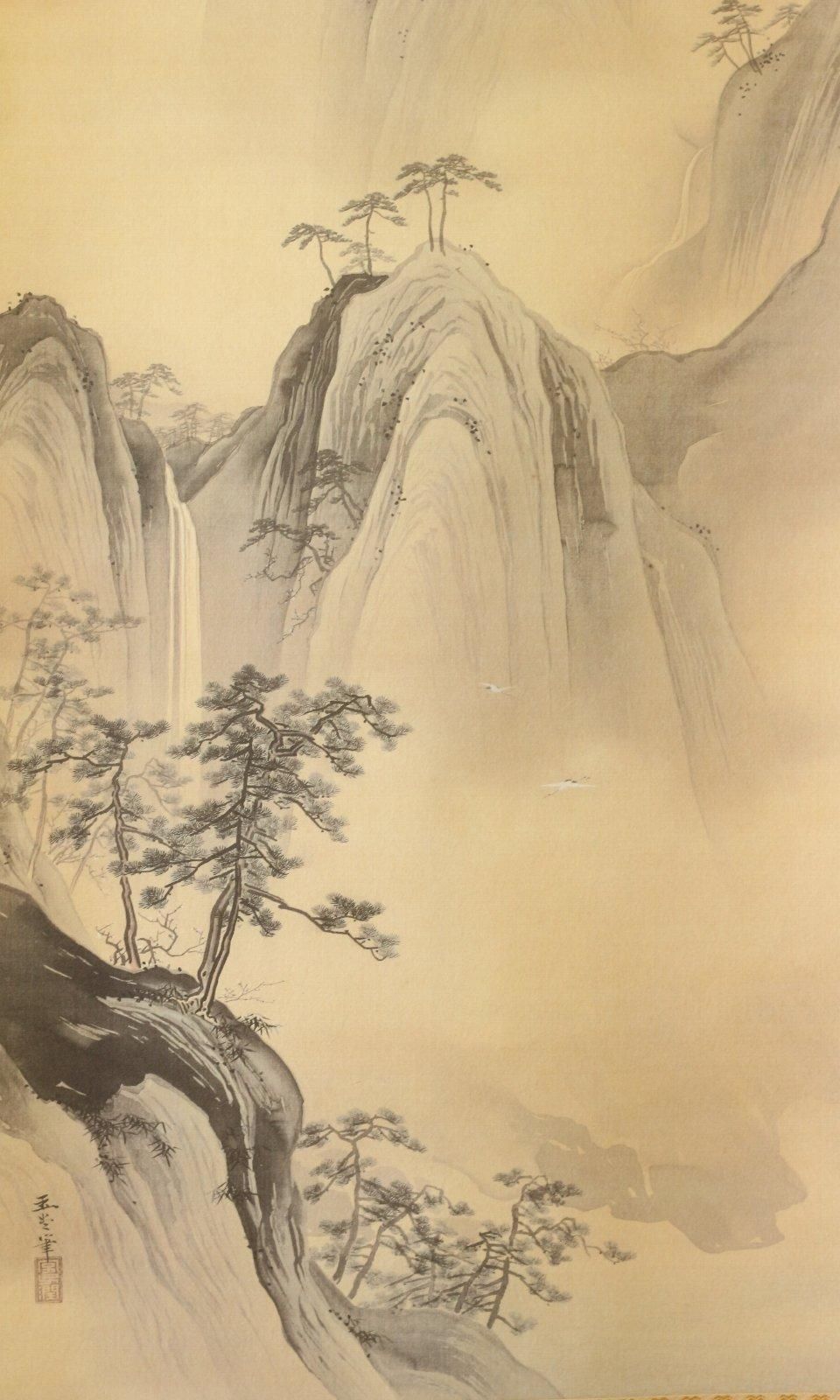 掛け軸 川合玉堂 釣人山水 紙本 名品 複製 希少 軸装 茶道具 掛軸 美品