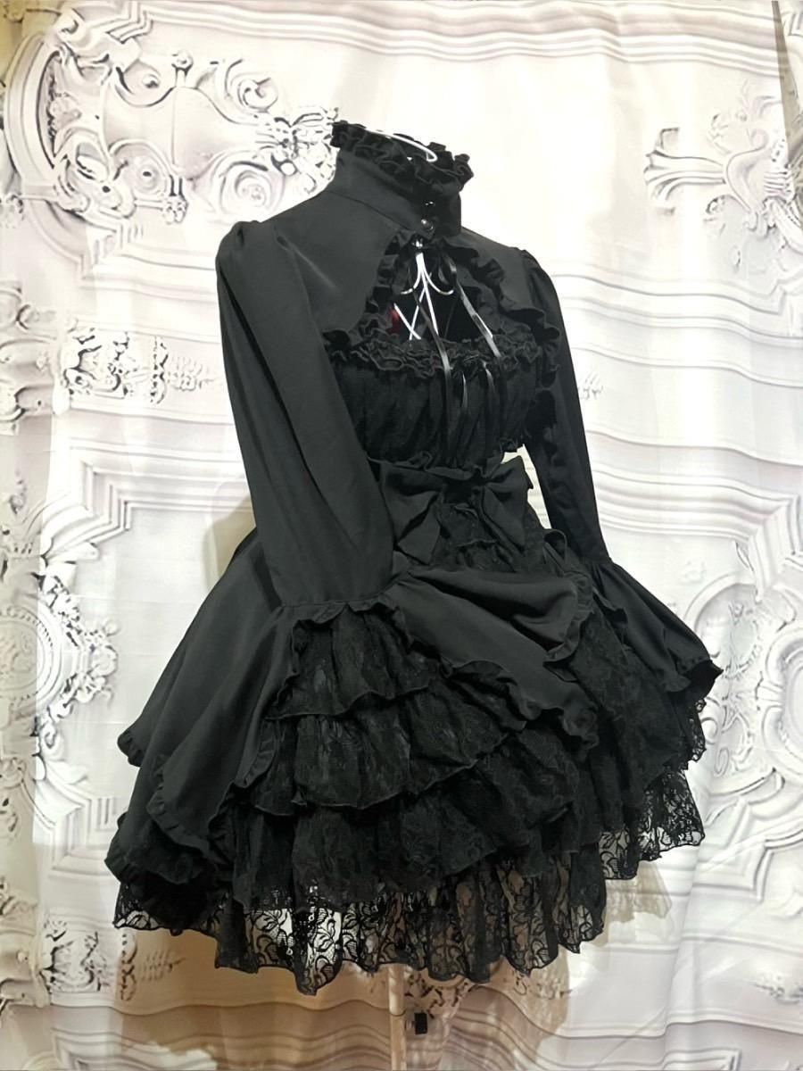 ◇受注商品◇姫袖ボレロ付き配色切り替えデコラティブワンピース：黒