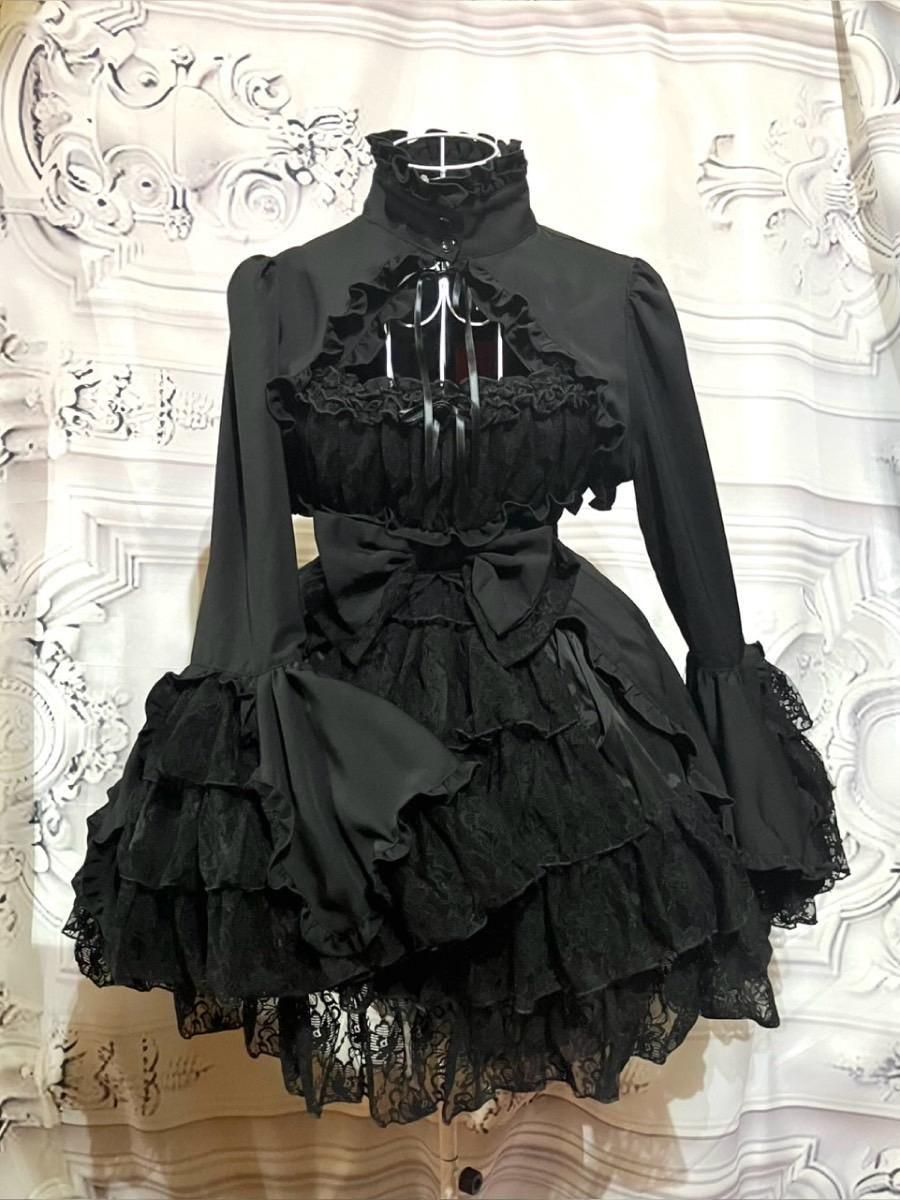 ◇受注商品◇姫袖ボレロ付き配色切り替えデコラティブワンピース：黒