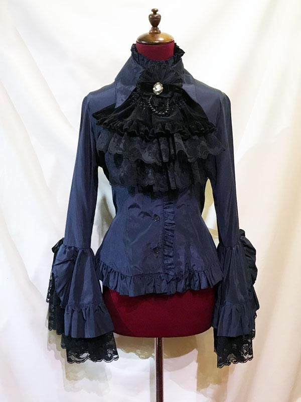 ◇受注商品◇クラシカルゴシックタイ付き姫袖ブラウス：紺×黒