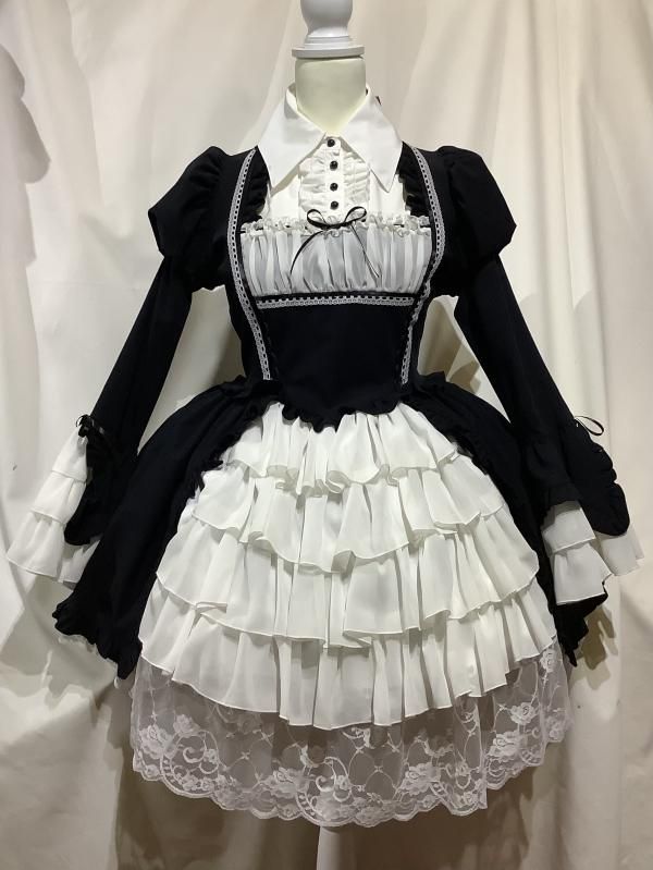 ブラウス＆スカートセットアップ風全身コーディネートワンピース：黒白