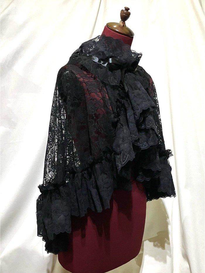 ◇受注商品◇ボリュームレースフリルロング夏ケープ：黒レース