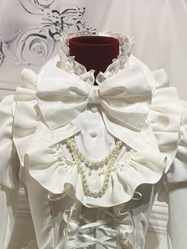 ◇受注商品◇アリス風編み上げドレスワンピース：白×白フリル×白パール
