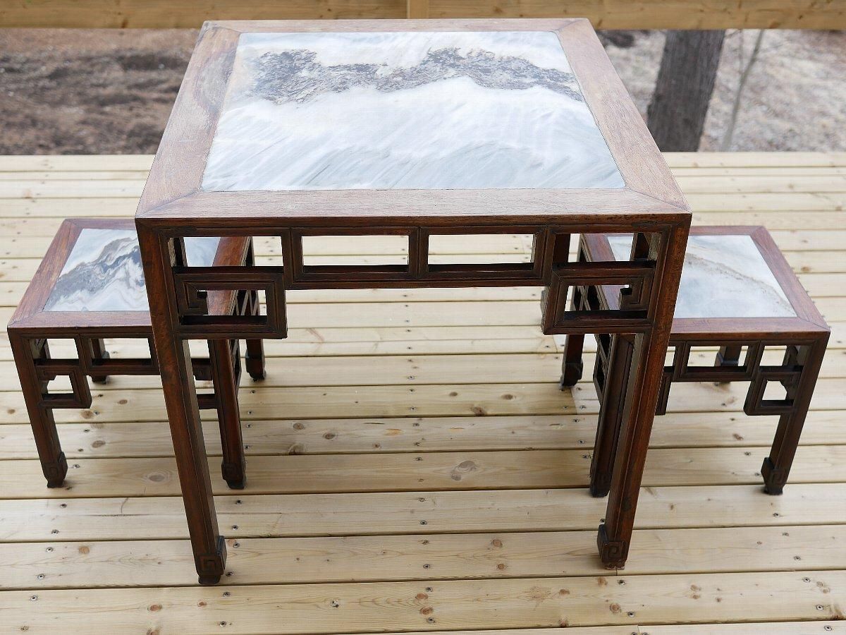 ヴィンテージ中国家具 大理石天板紅木テーブルセット (3点セット