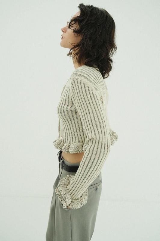 CLANE] クラネ W FACE SHORT FRILLED KNIT TOPS(WHITE)