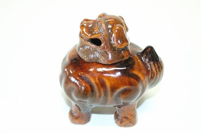 I-452大樋焼飴釉向獅子香炉 名工九代大樋長左衛門作 - 石川県金沢の