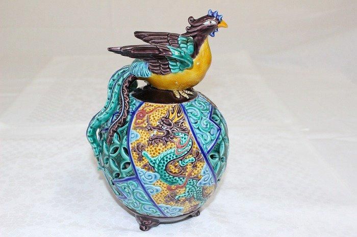 K-1793九谷焼色染付瑞兆龍文玉香炉 九谷日展作家木田弘之作 - 石川県