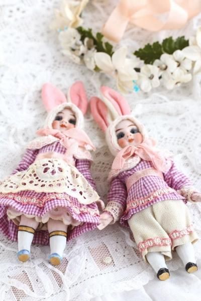 アンティークジャーマンビスクバニードールペア - アンティークモール