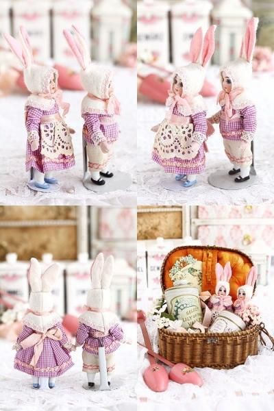 アンティークジャーマンビスクバニードールペア - アンティークモール