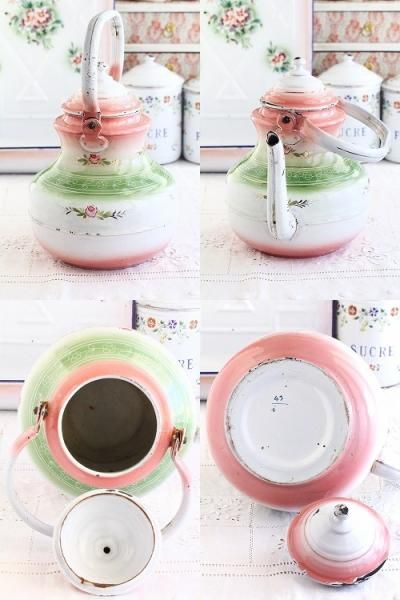 アンティークホーローケトルローズ柄ピンクぼかし - アンティーク