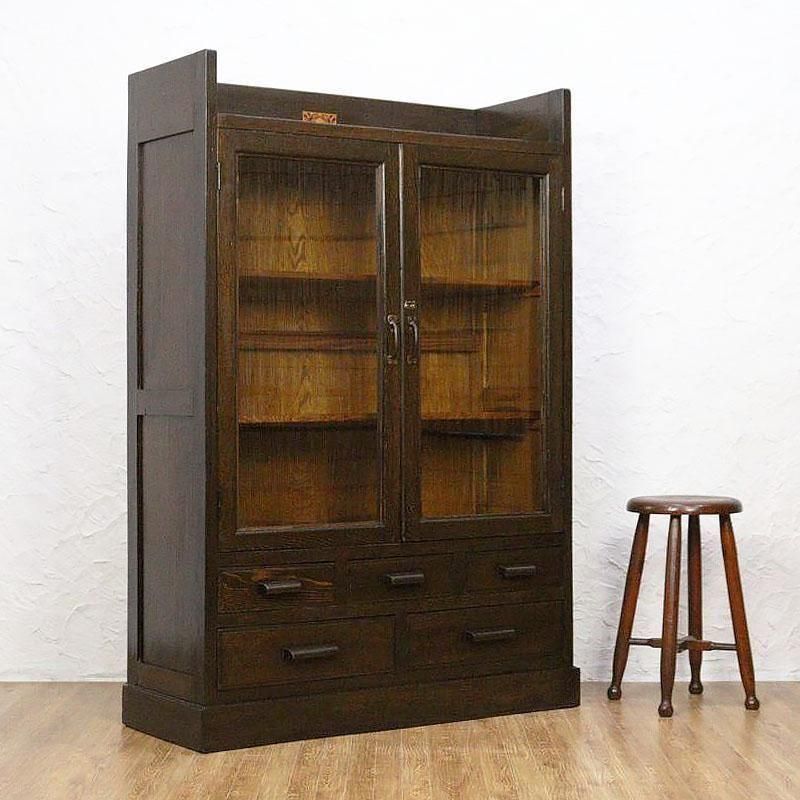 昭和レトロ風ガラス扉本箱 収納棚 引出し付き