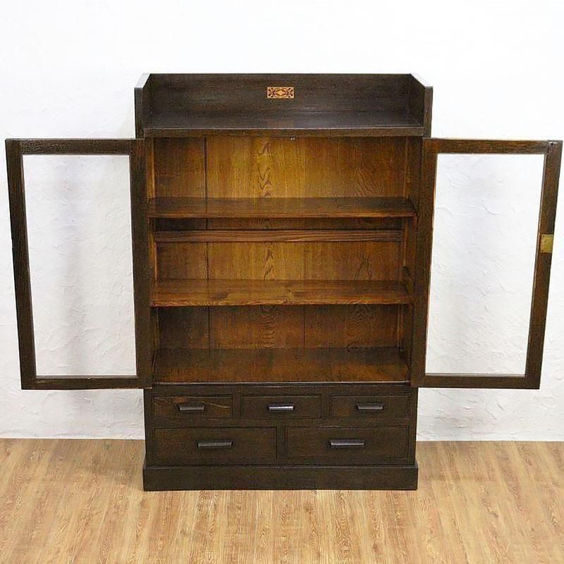 昭和レトロ風ガラス扉本箱 収納棚 引出し付き