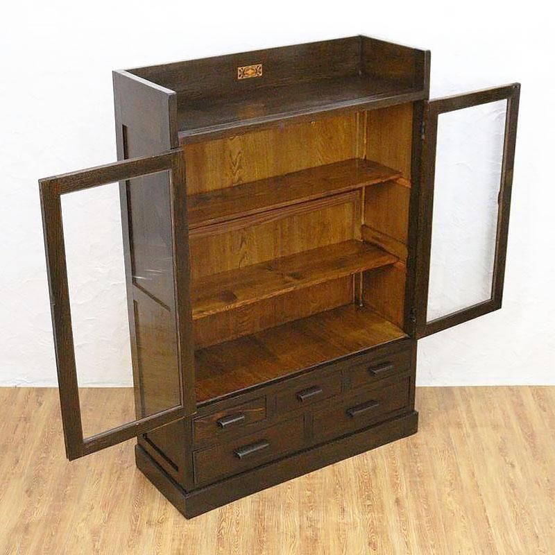 昭和レトロ風ガラス扉本箱 収納棚 引出し付き