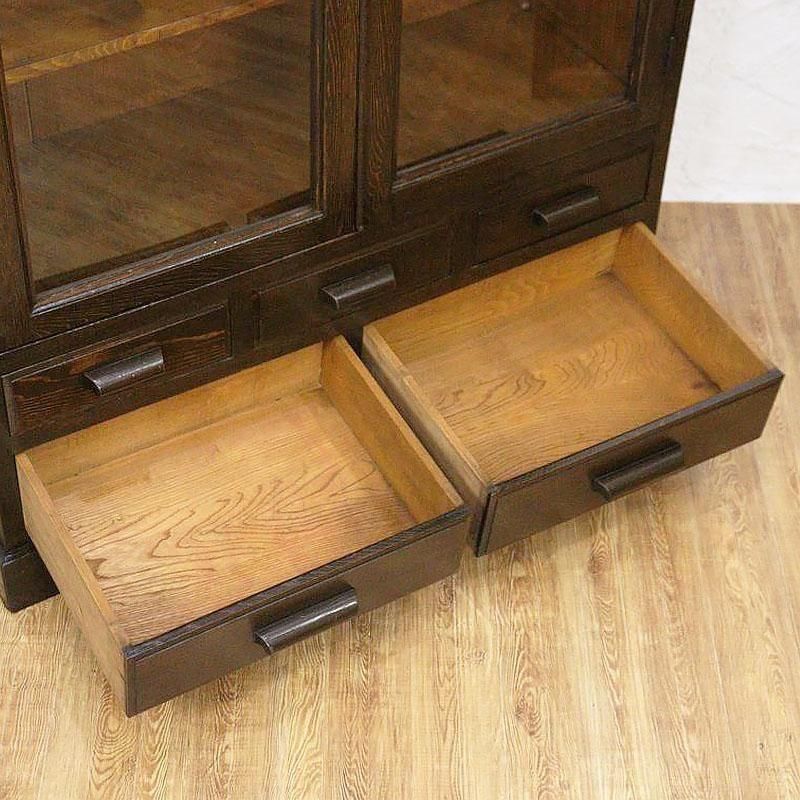 昭和レトロ風ガラス扉本箱 収納棚 引出し付き