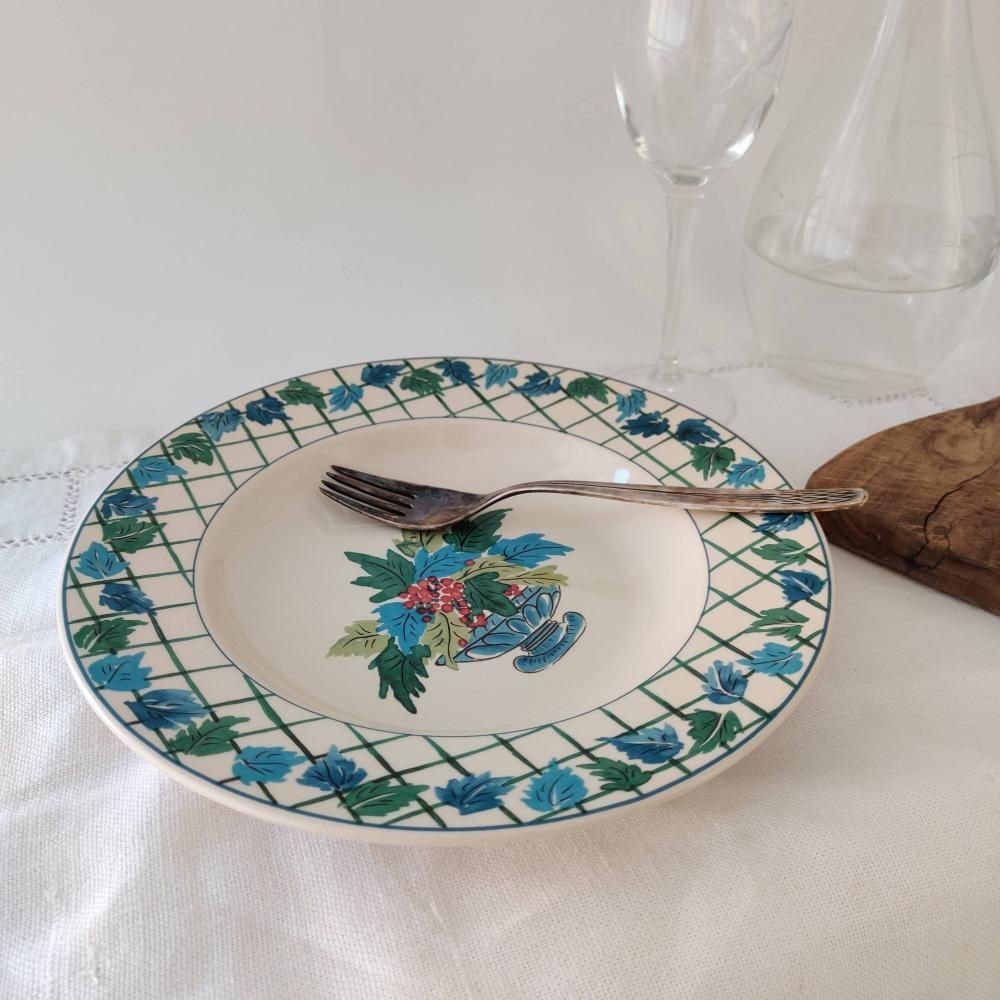 ヴィンテージ 陶器 プレート 青緑 葡萄フランス ヨーロッパ