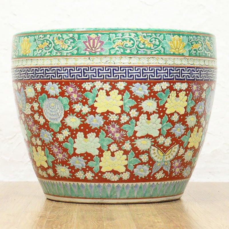 アンティーク 伊万里色絵十錦大火鉢カラフル鉢カバー