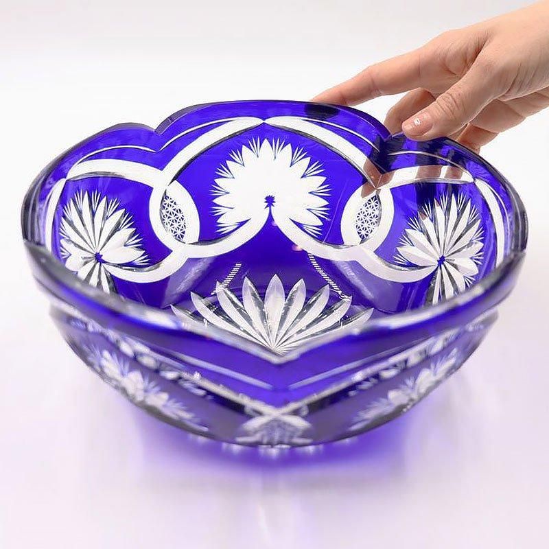 アンティーク青切子鉢 菊モチーフ昭和初期製