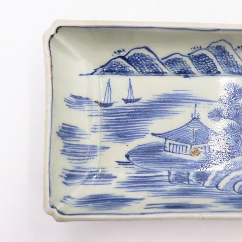 骨董 アンティーク 古伊万里 染付 青磁染付 旅人図 杜子美騎驢文 小皿