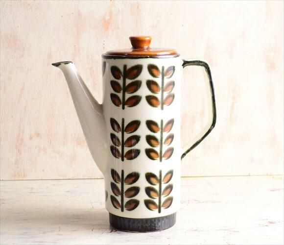ベルギーアンティーク陶器製コーヒーポット リーフデザイン
