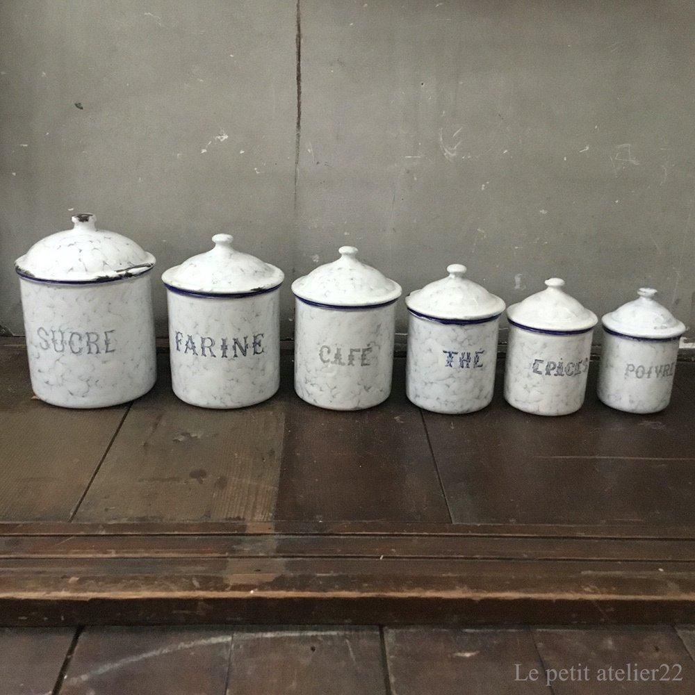 6個セット) フランス アンティーク ホーロー キャニスター 青 マーブル