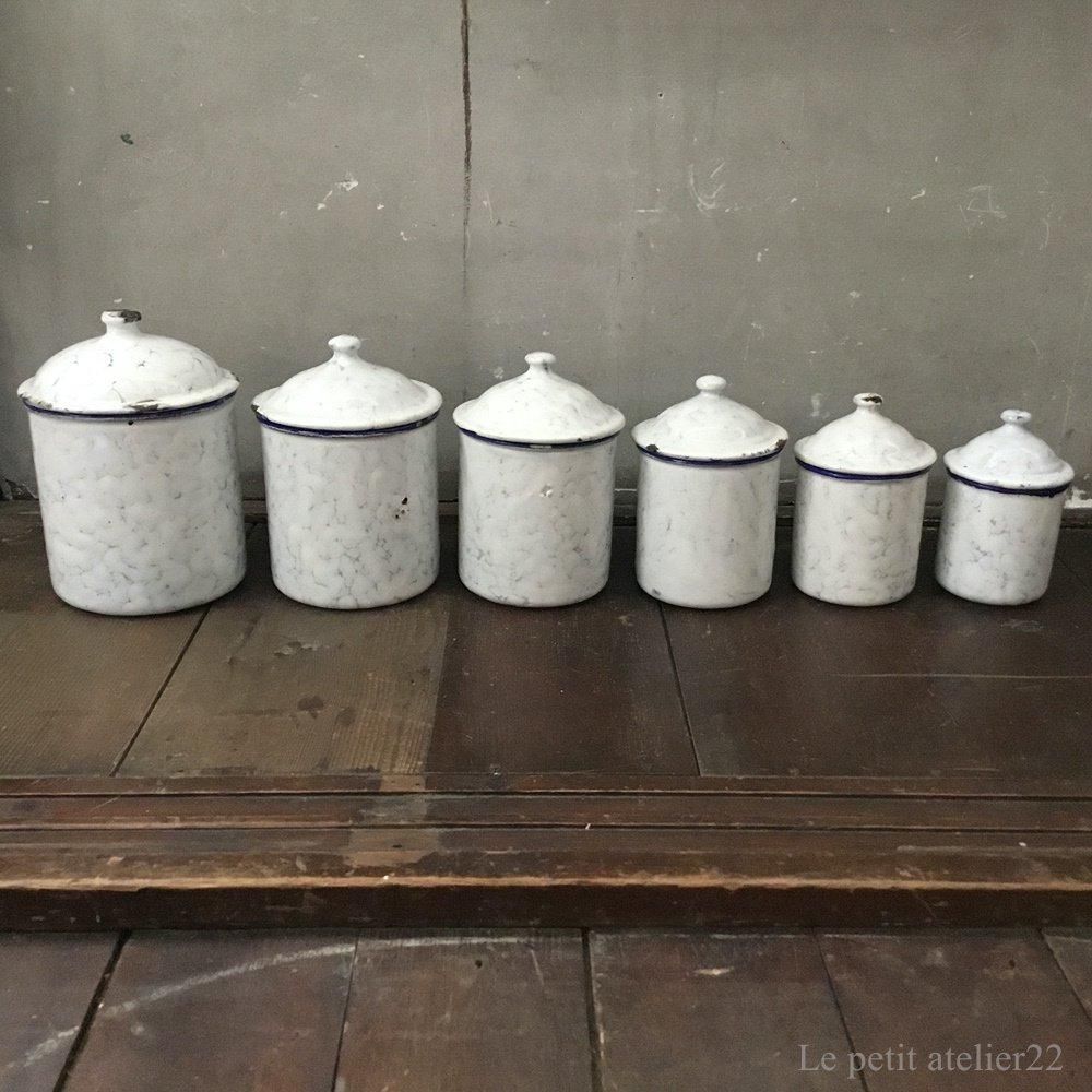 6個セット) フランス アンティーク ホーロー キャニスター 青 マーブル