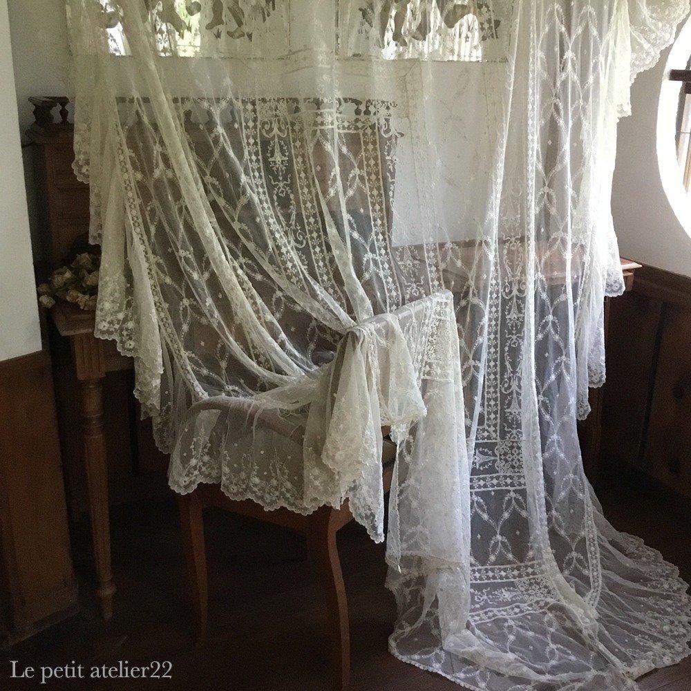 フランス アンティーク チュールレースベッドカバ