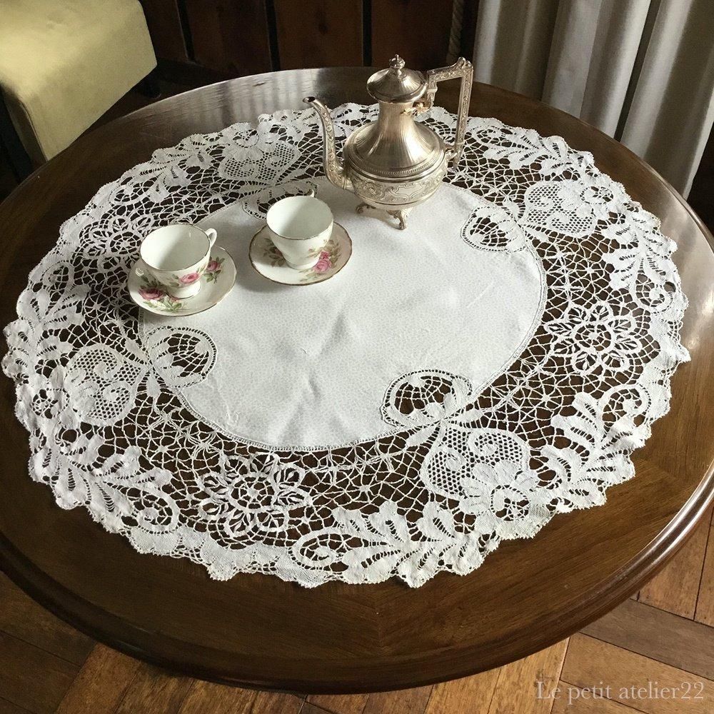 楕円) フランス アンティーク リネン ダマスク織 ボビンレース