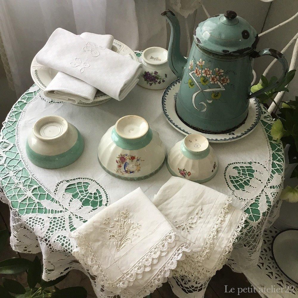 楕円) フランス アンティーク リネン ダマスク織 ボビンレース