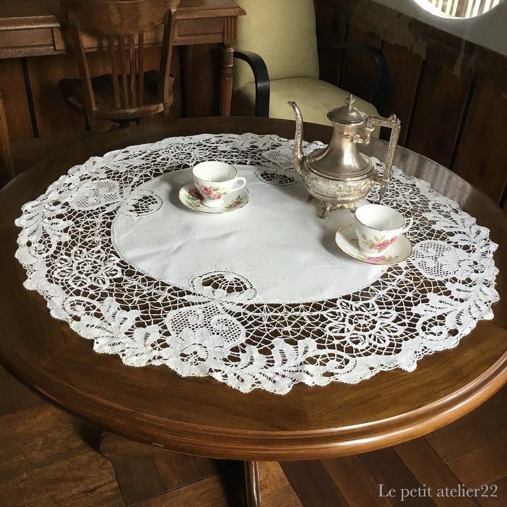 楕円) フランス アンティーク リネン ダマスク織 ボビンレース