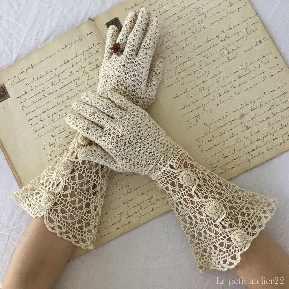 大人用)(SM) フランス アンティーク グローブ 手袋 クロシェ ボタン 35