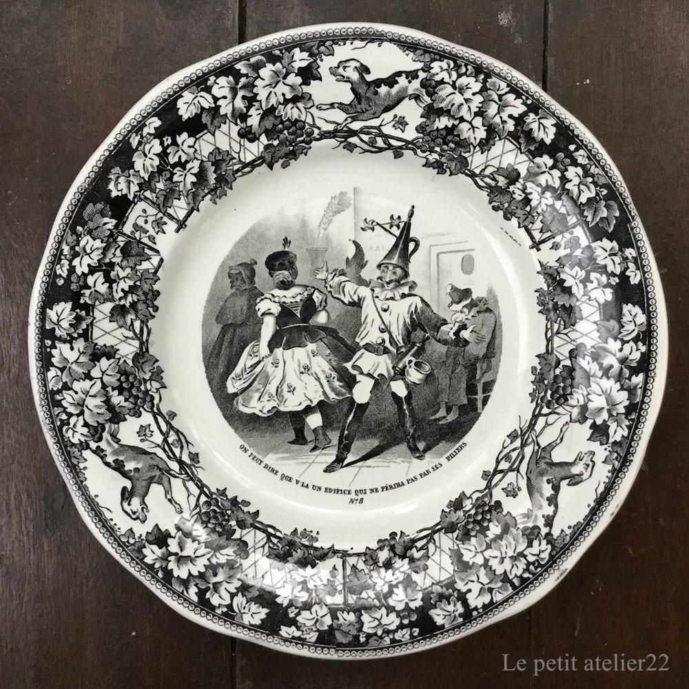 フランス クレイユ エ モントロー アンティーク グリザイユ プレート