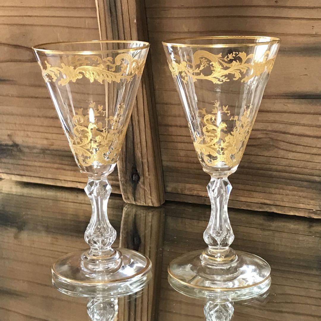 アンティーク1936年以前のサンルイミカド金彩薔薇模様ワイングラスペア