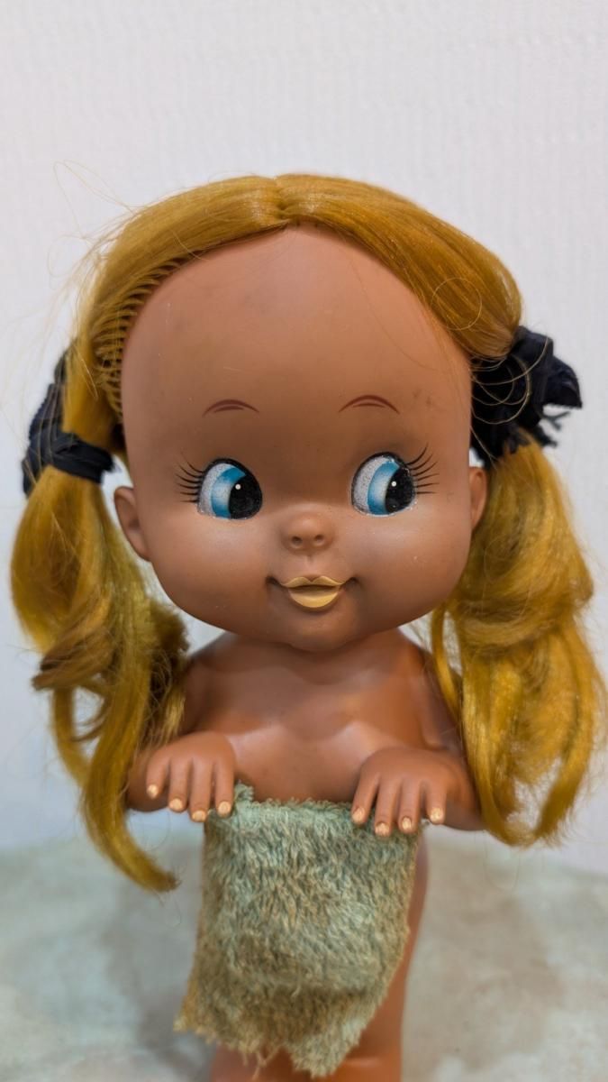 昭和レトロ米澤製ソフビ人形 リボンのブロンズヘアー可愛さ満点