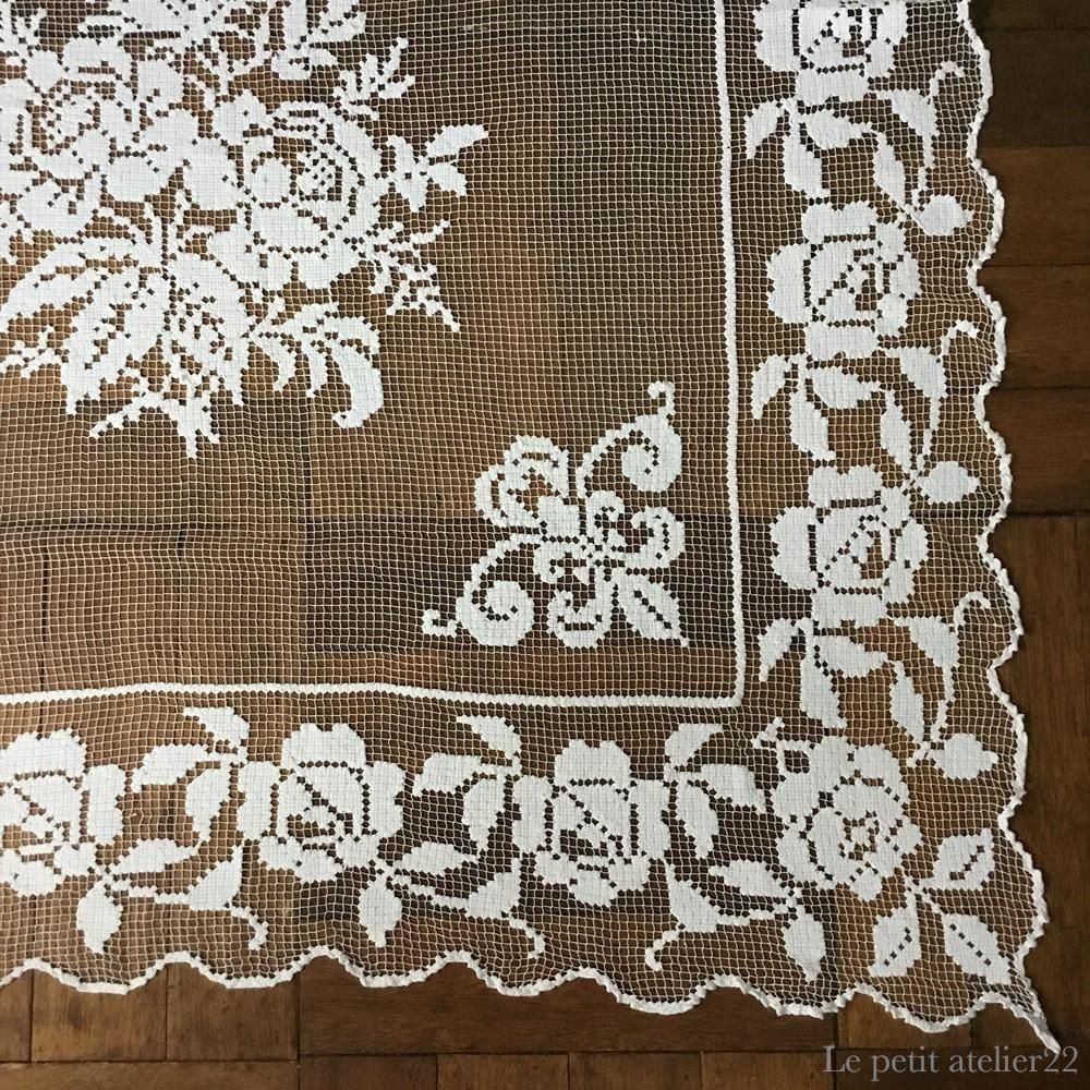 正方形) フランス アンティーク フィレレース テーブルクロス カーテン