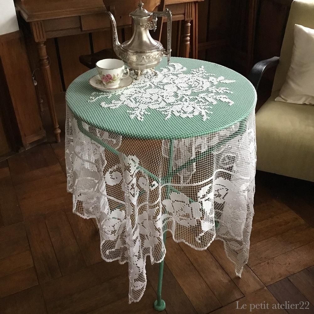正方形) フランス アンティーク フィレレース テーブルクロス カーテン
