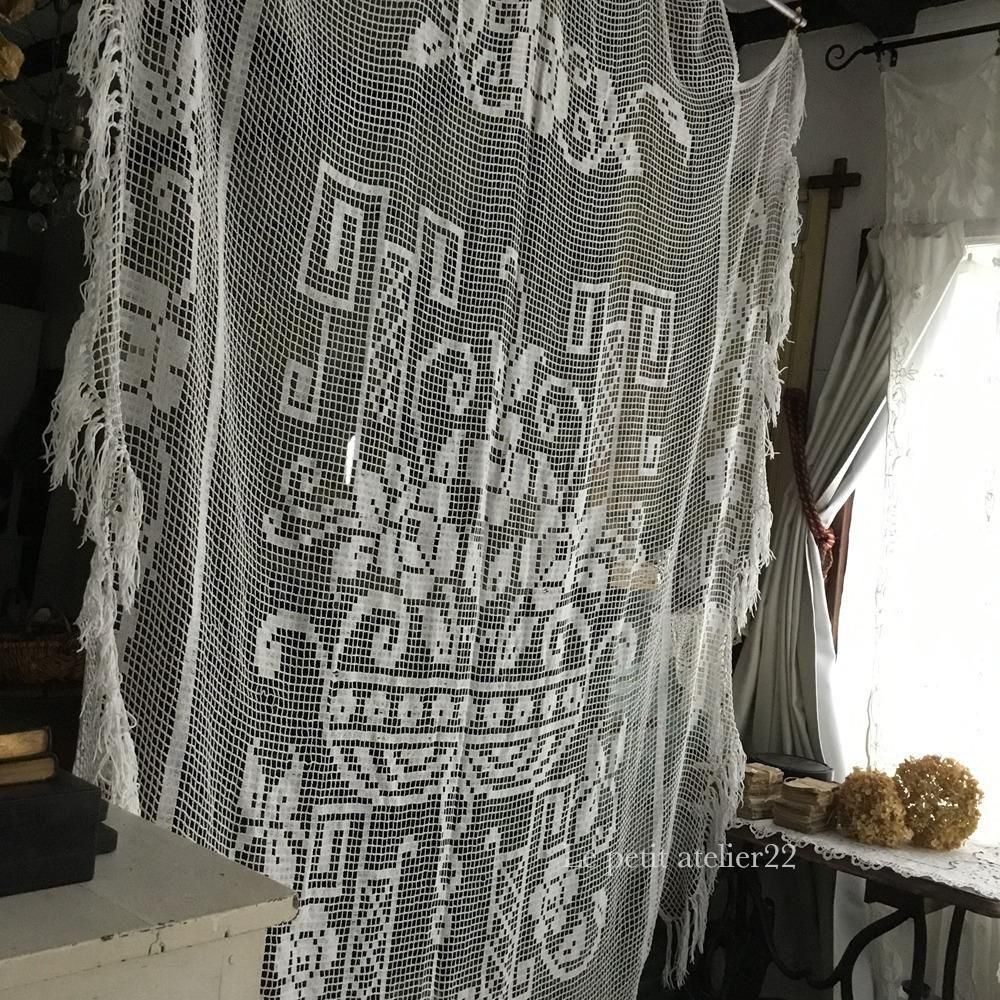 特大) フランス アンティーク コットン フィレレース ベッドカバー